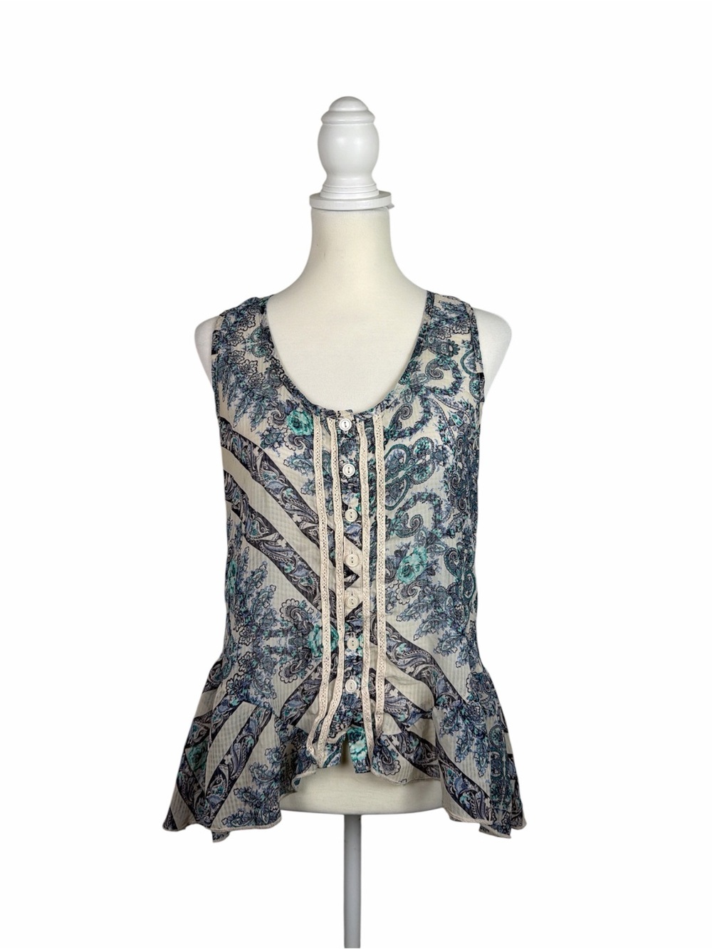 Eyelash Couture Paisley Boho Tank Top Large Blue Aqua Sleeveless Peplum Blouse